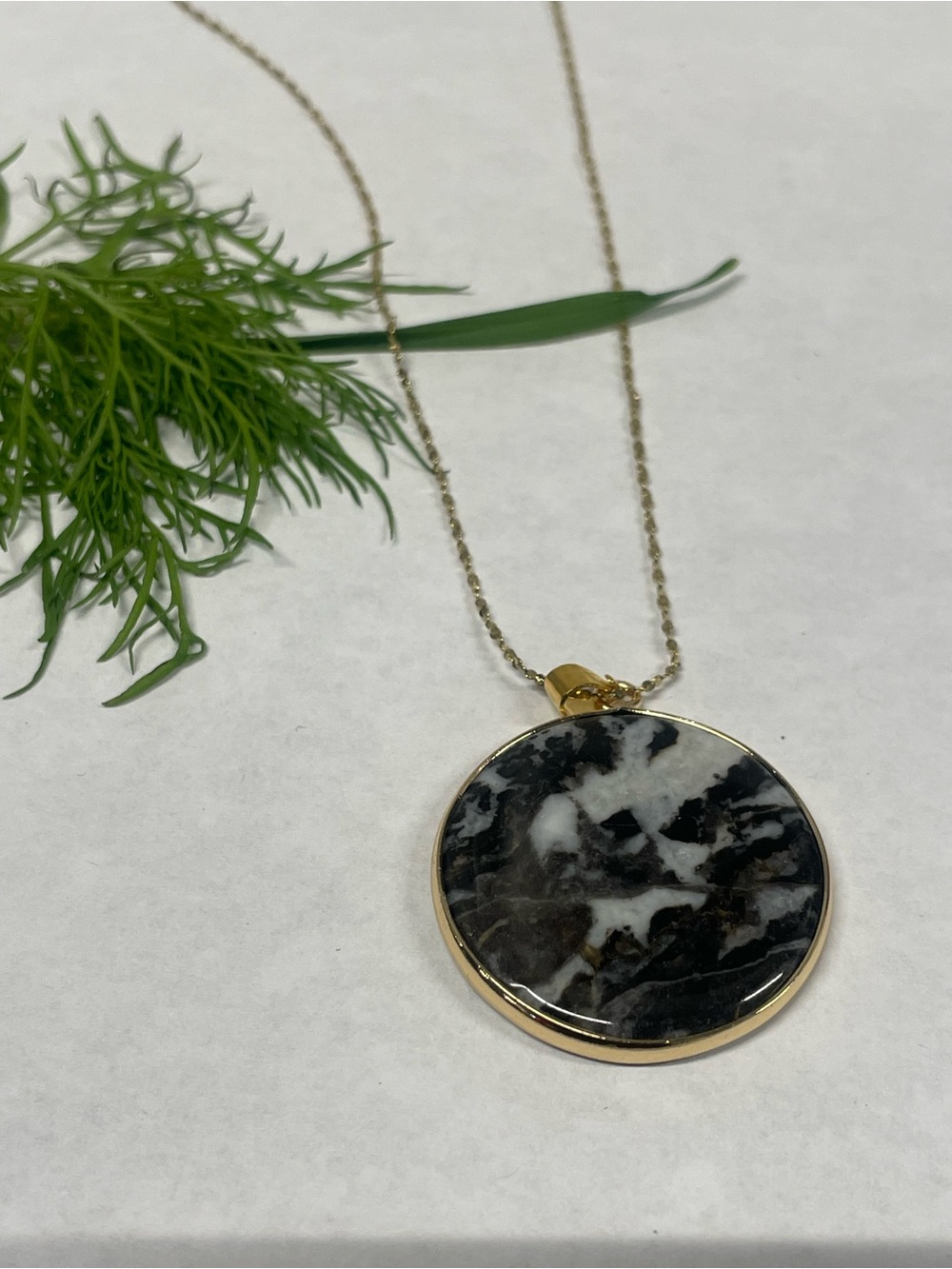 Gold-Tone Black & White Marble Disc Pendant Necklace